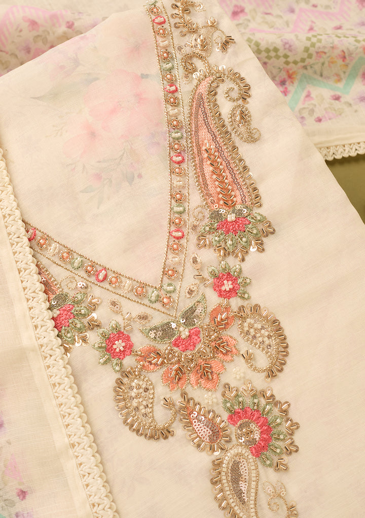 Off White Multi Linen Cutdana Unstitched Dress Material With Matching Bottom And Dupatta