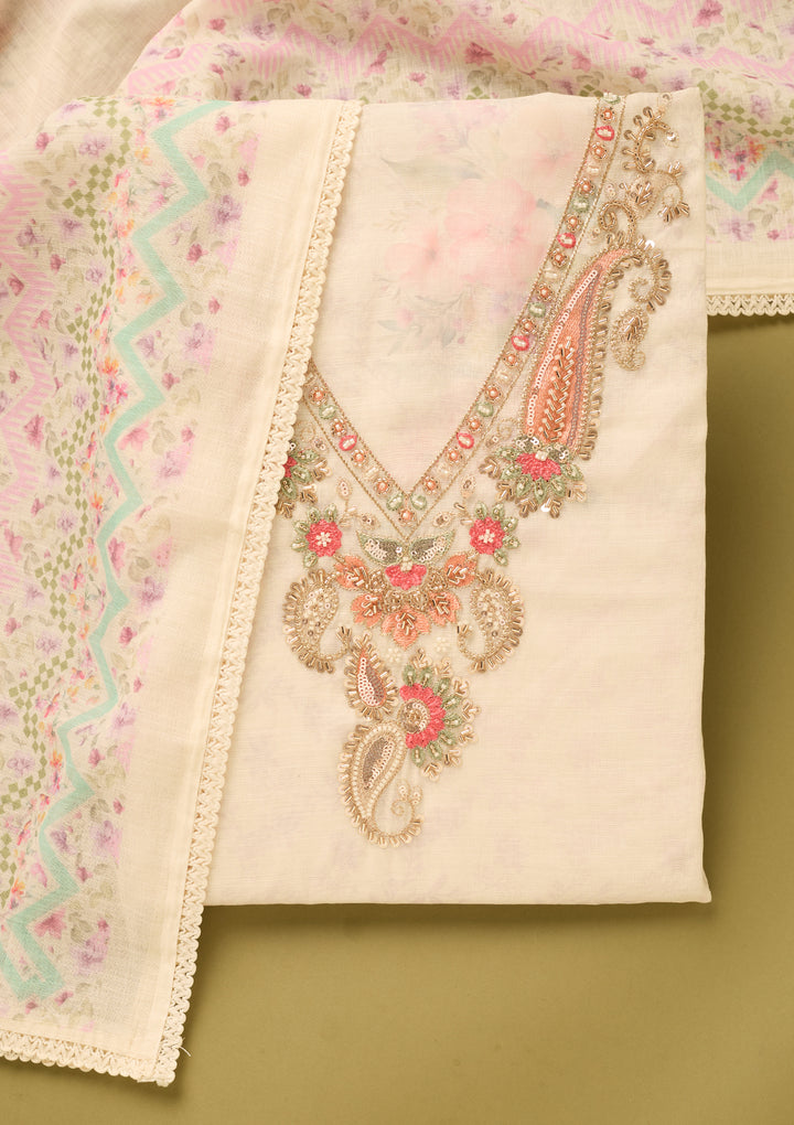 Off White Multi Linen Cutdana Unstitched Dress Material With Matching Bottom And Dupatta