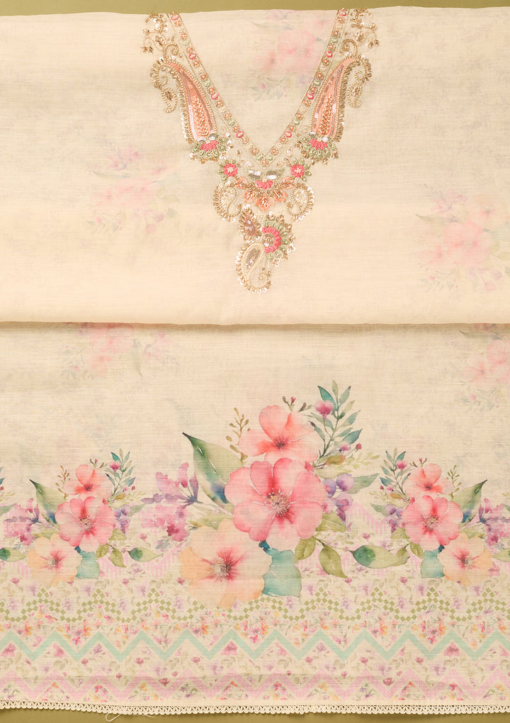 Off White Multi Linen Cutdana Unstitched Dress Material With Matching Bottom And Dupatta