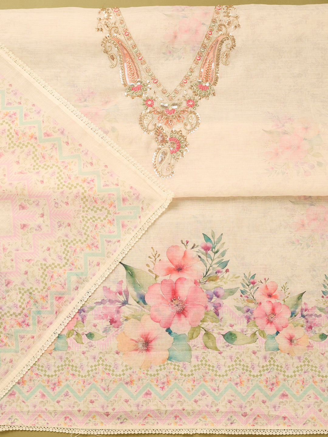 Off White Multi Linen Cutdana Unstitched Dress Material With Matching Bottom And Dupatta