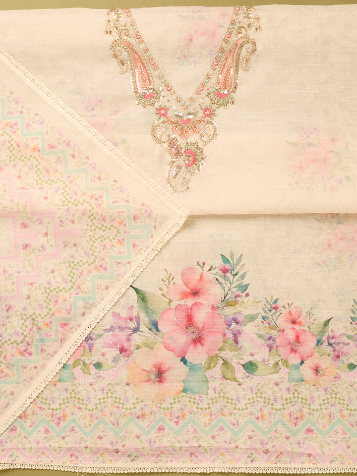 Off White Multi Linen Cutdana Unstitched Dress Material With Matching Bottom And Dupatta