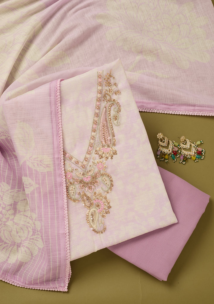 Lavender Linen Floral Cutdana Unstitched Dress Material With Matching Bottom And Dupatta