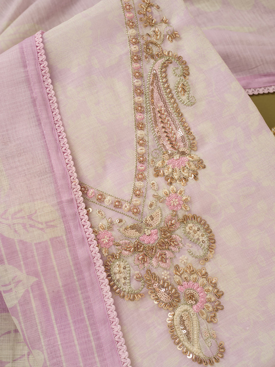 Lavender Linen Floral Cutdana Unstitched Dress Material With Matching Bottom And Dupatta