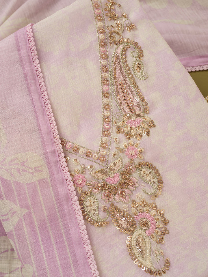 Lavender Linen Floral Cutdana Unstitched Dress Material With Matching Bottom And Dupatta