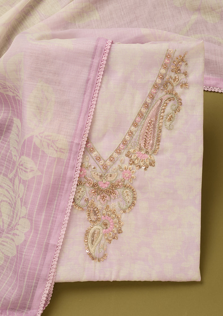 Lavender Linen Floral Cutdana Unstitched Dress Material With Matching Bottom And Dupatta