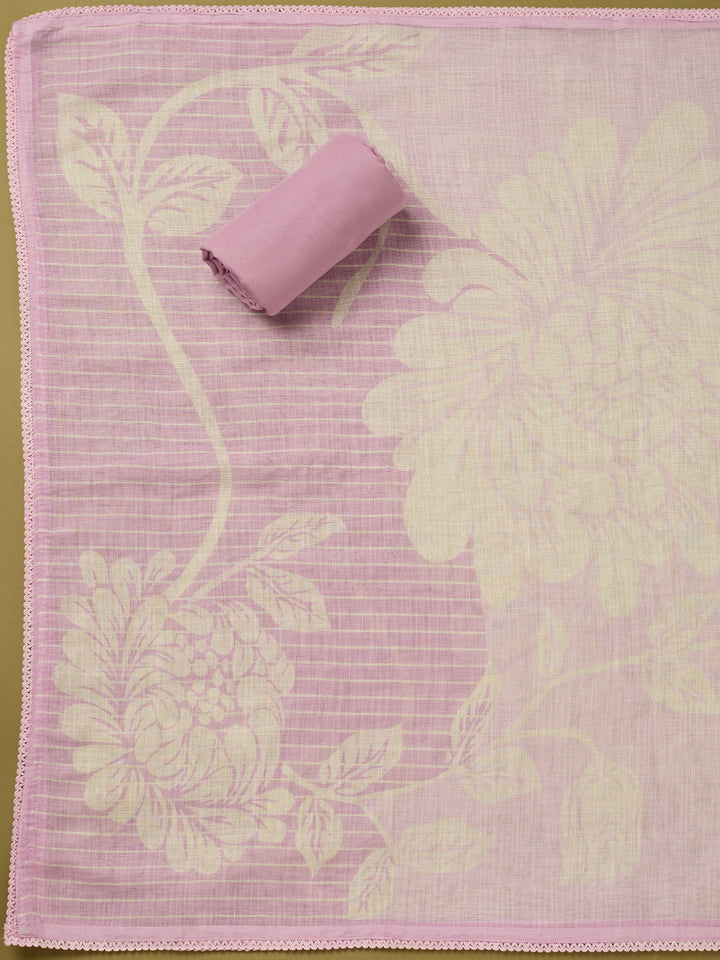 Lavender Linen Floral Cutdana Unstitched Dress Material With Matching Bottom And Dupatta