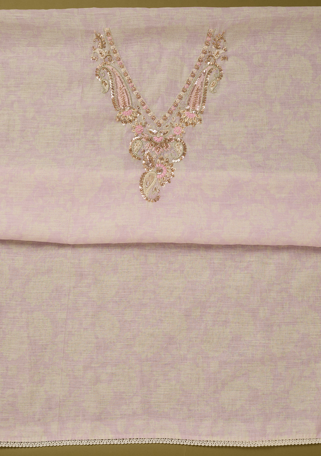 Lavender Linen Floral Cutdana Unstitched Dress Material With Matching Bottom And Dupatta
