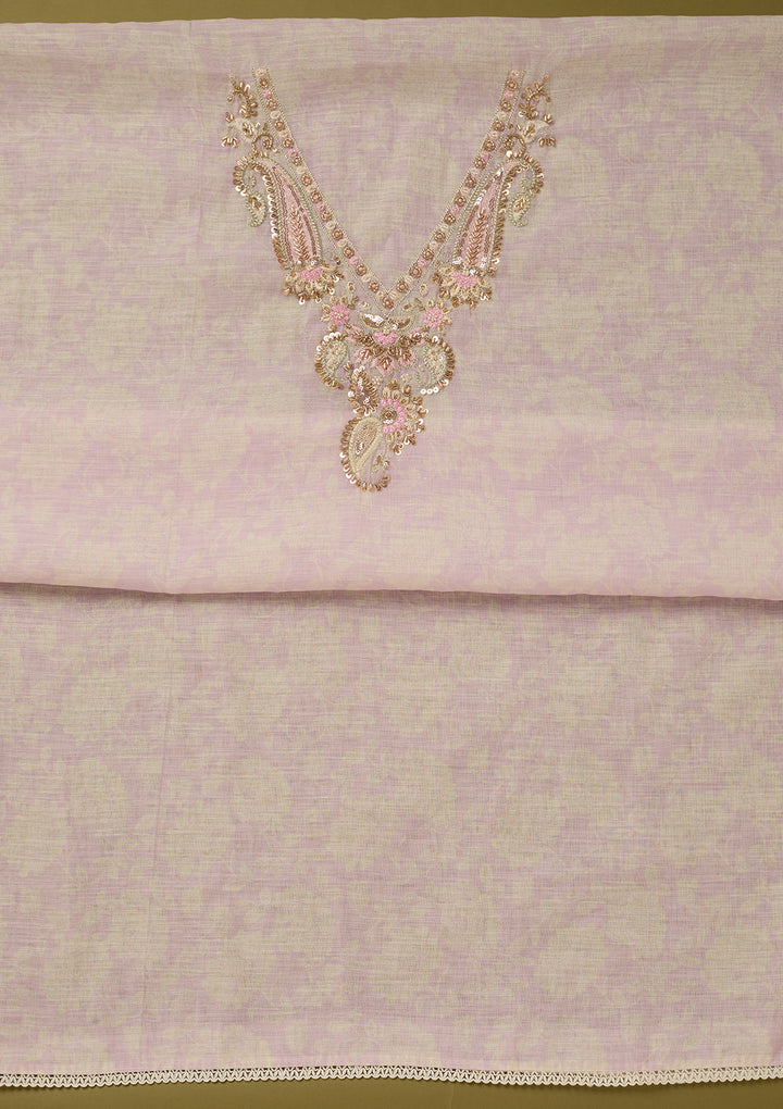 Lavender Linen Floral Cutdana Unstitched Dress Material With Matching Bottom And Dupatta