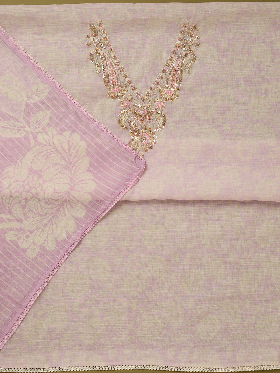 Lavender Linen Floral Cutdana Unstitched Dress Material With Matching Bottom And Dupatta