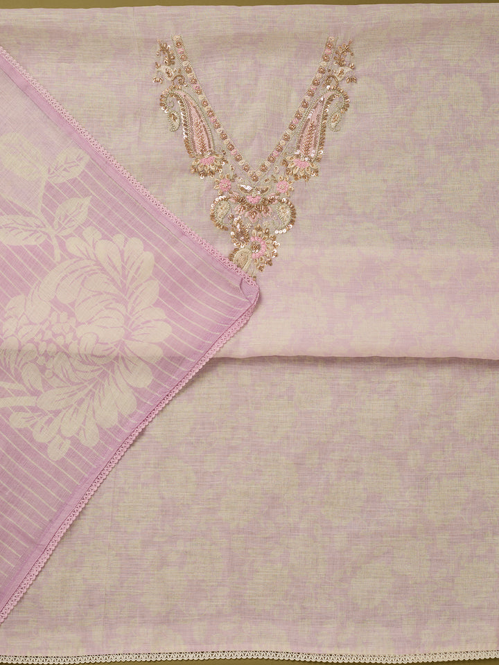 Lavender Linen Floral Cutdana Unstitched Dress Material With Matching Bottom And Dupatta