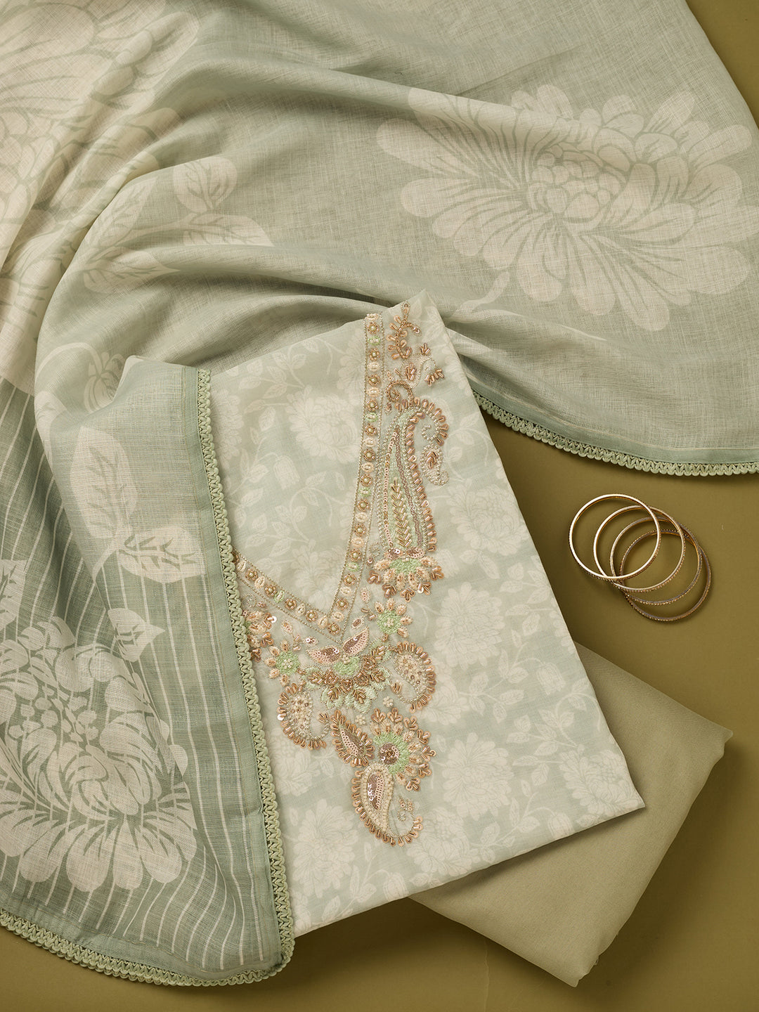Pista Green Linen Floral Cutdana Unstitched Dress Material With Matching Bottom And Dupatta
