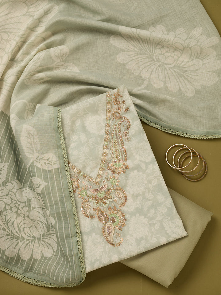 Pista Green Linen Floral Cutdana Unstitched Dress Material With Matching Bottom And Dupatta