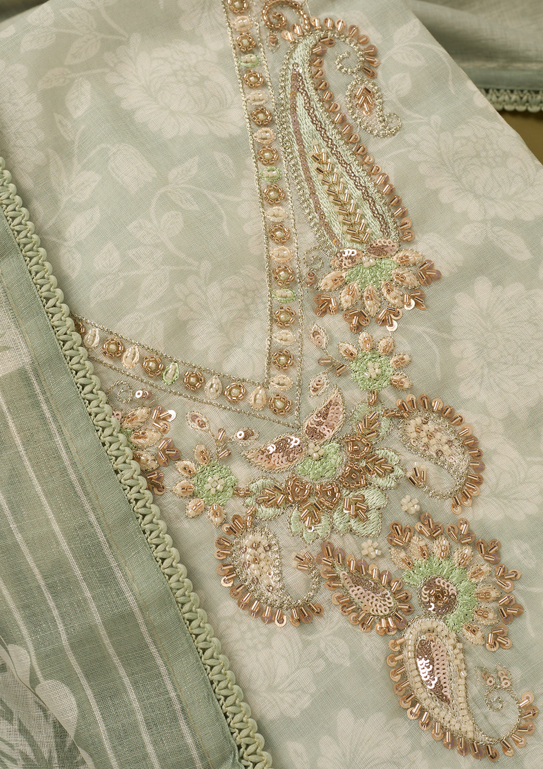 Pista Green Linen Floral Cutdana Unstitched Dress Material With Matching Bottom And Dupatta