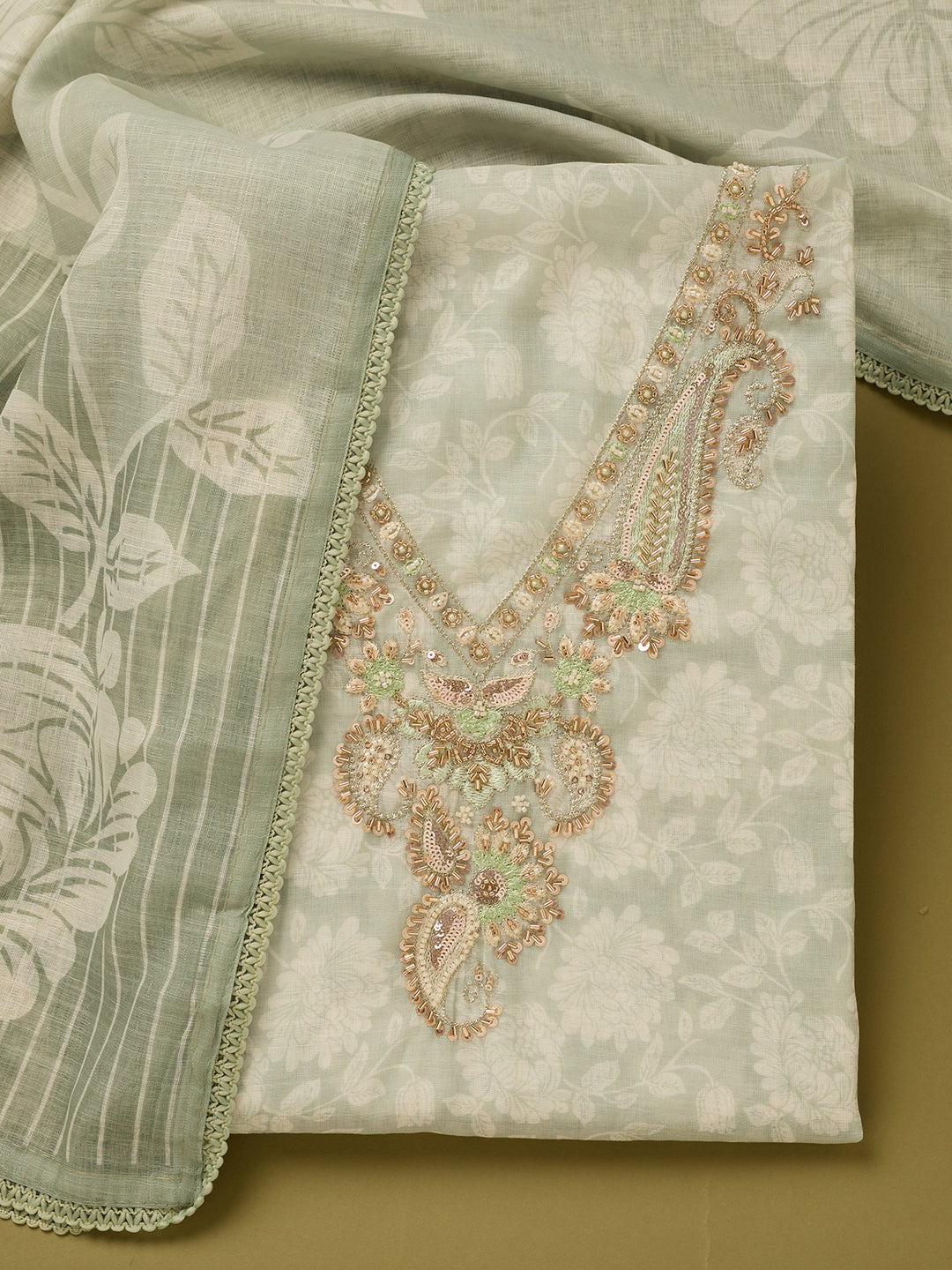 Pista Green Linen Floral Cutdana Unstitched Dress Material With Matching Bottom And Dupatta