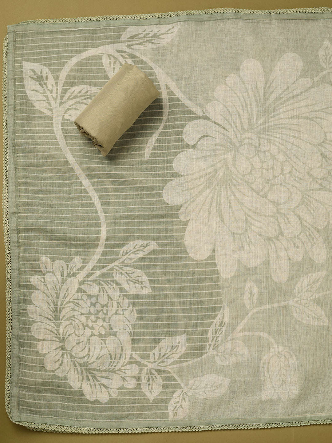 Pista Green Linen Floral Cutdana Unstitched Dress Material With Matching Bottom And Dupatta