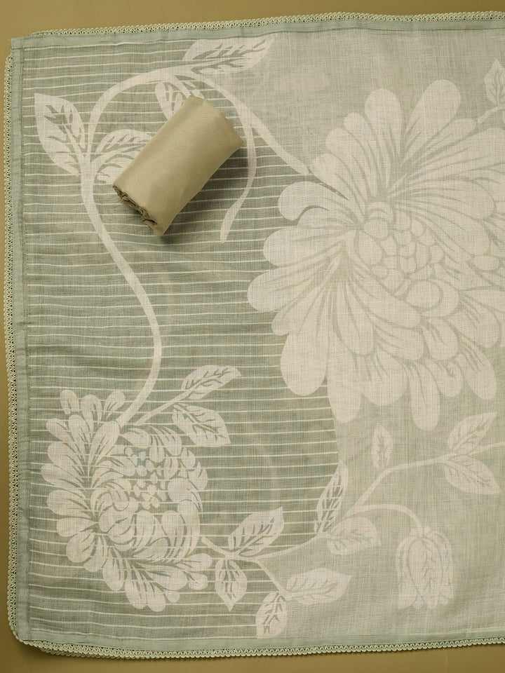 Pista Green Linen Floral Cutdana Unstitched Dress Material With Matching Bottom And Dupatta