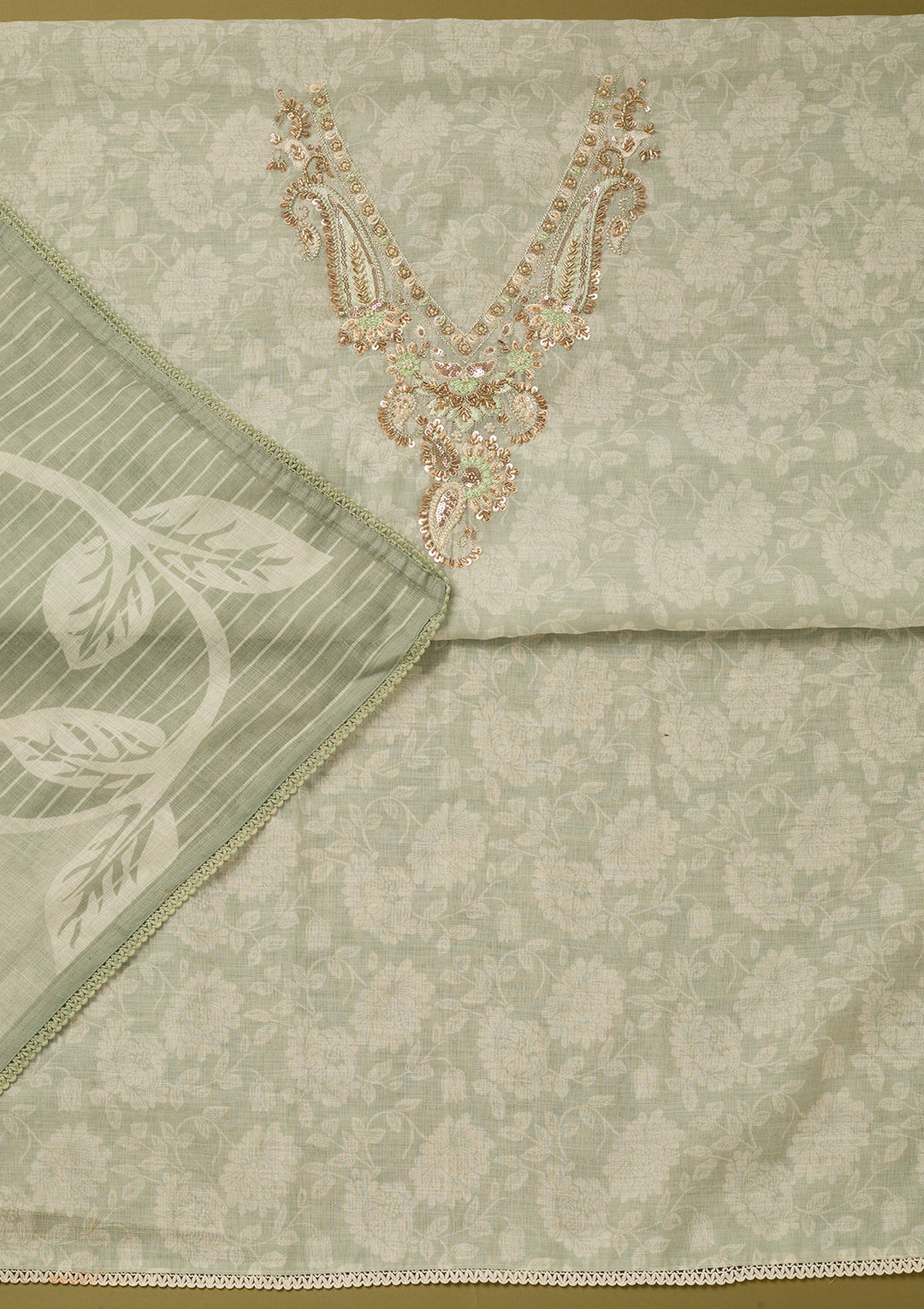 Pista Green Linen Floral Cutdana Unstitched Dress Material With Matching Bottom And Dupatta