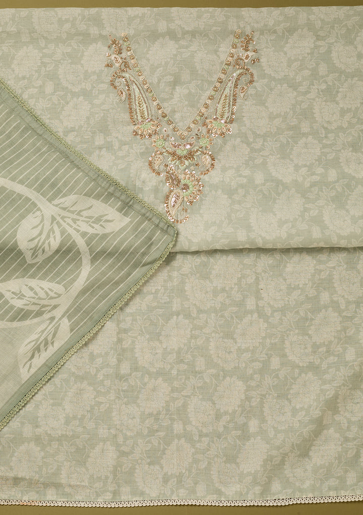 Pista Green Linen Floral Cutdana Unstitched Dress Material With Matching Bottom And Dupatta