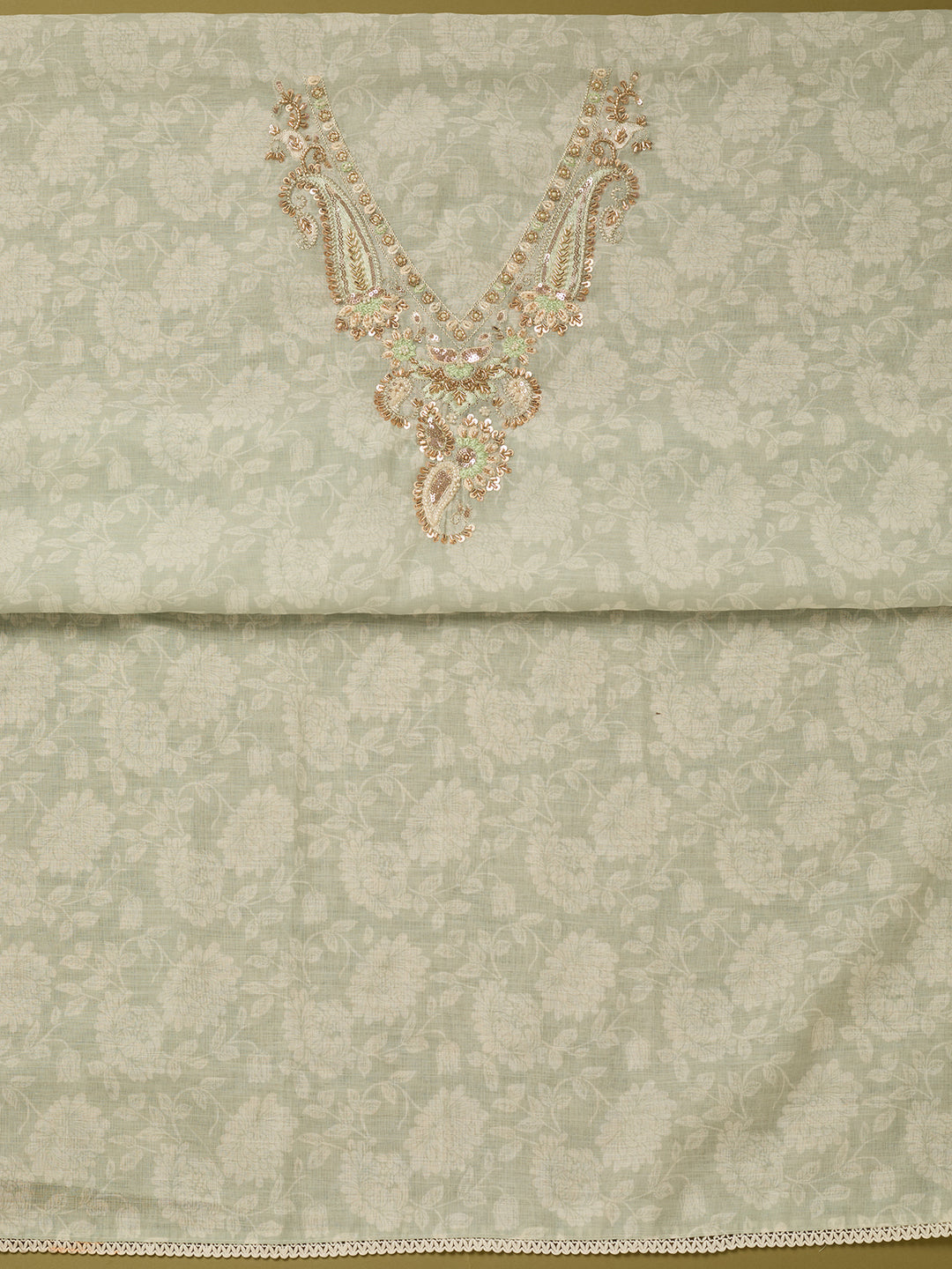 Pista Green Linen Floral Cutdana Unstitched Dress Material With Matching Bottom And Dupatta
