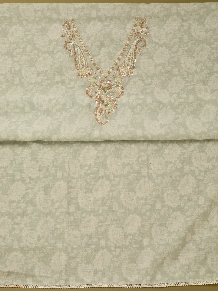 Pista Green Linen Floral Cutdana Unstitched Dress Material With Matching Bottom And Dupatta