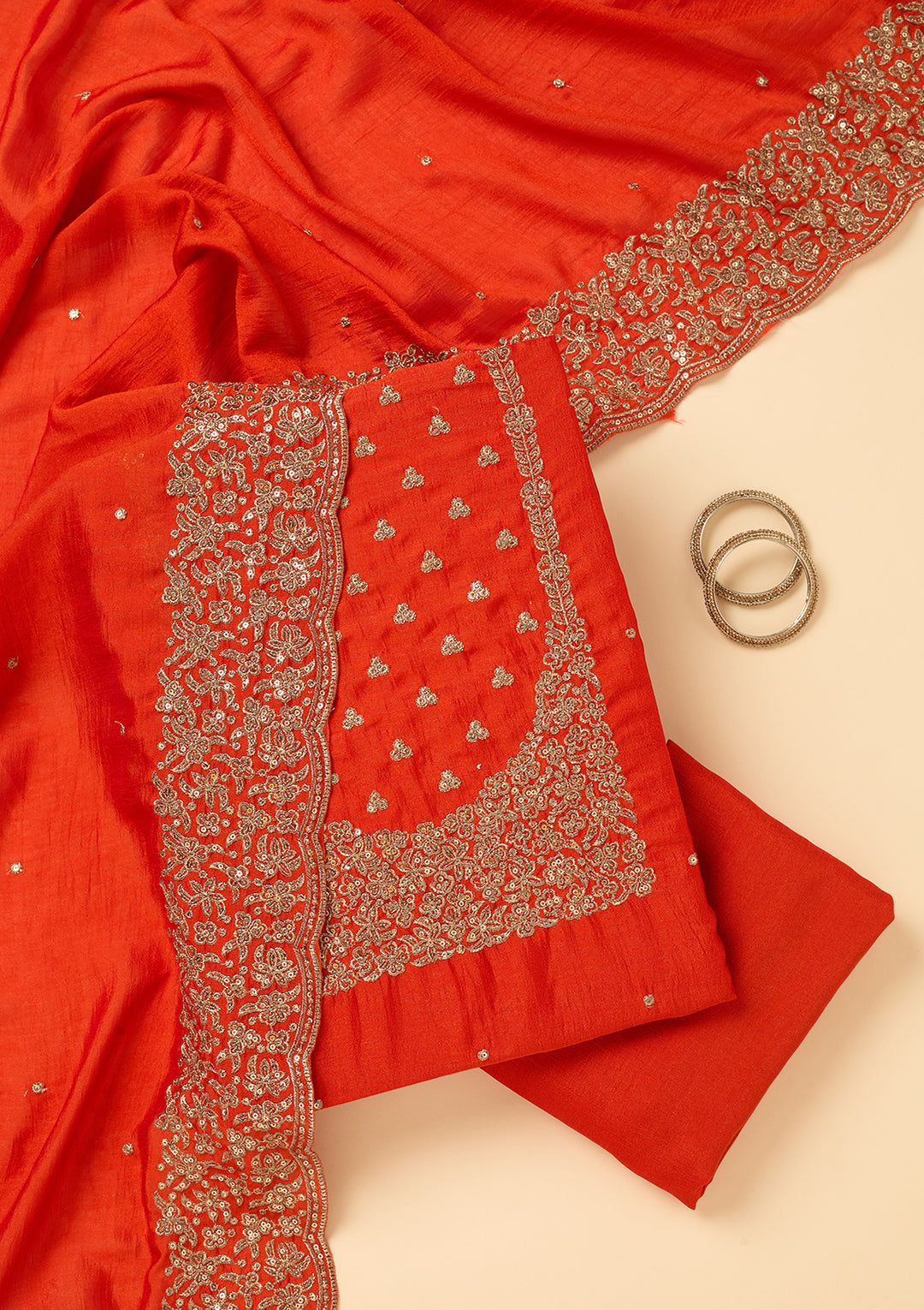 Orange Dola Silk Sequins Unstitched Dress Material With Matching Bottom And Dupatta