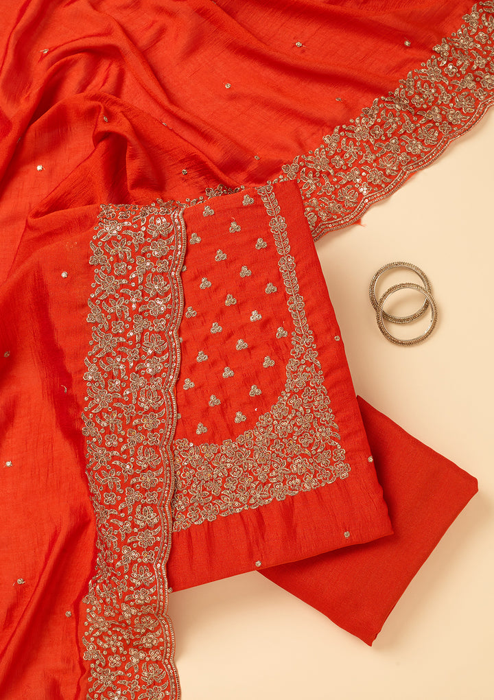 Orange Dola Silk Sequins Unstitched Dress Material With Matching Bottom And Dupatta