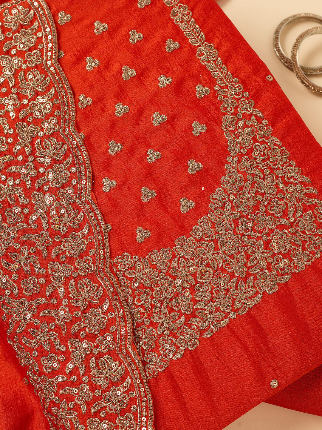 Orange Dola Silk Sequins Unstitched Dress Material With Matching Bottom And Dupatta
