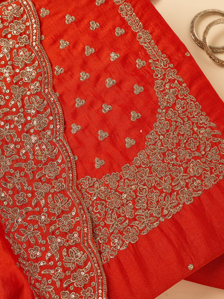 Orange Dola Silk Sequins Unstitched Dress Material With Matching Bottom And Dupatta