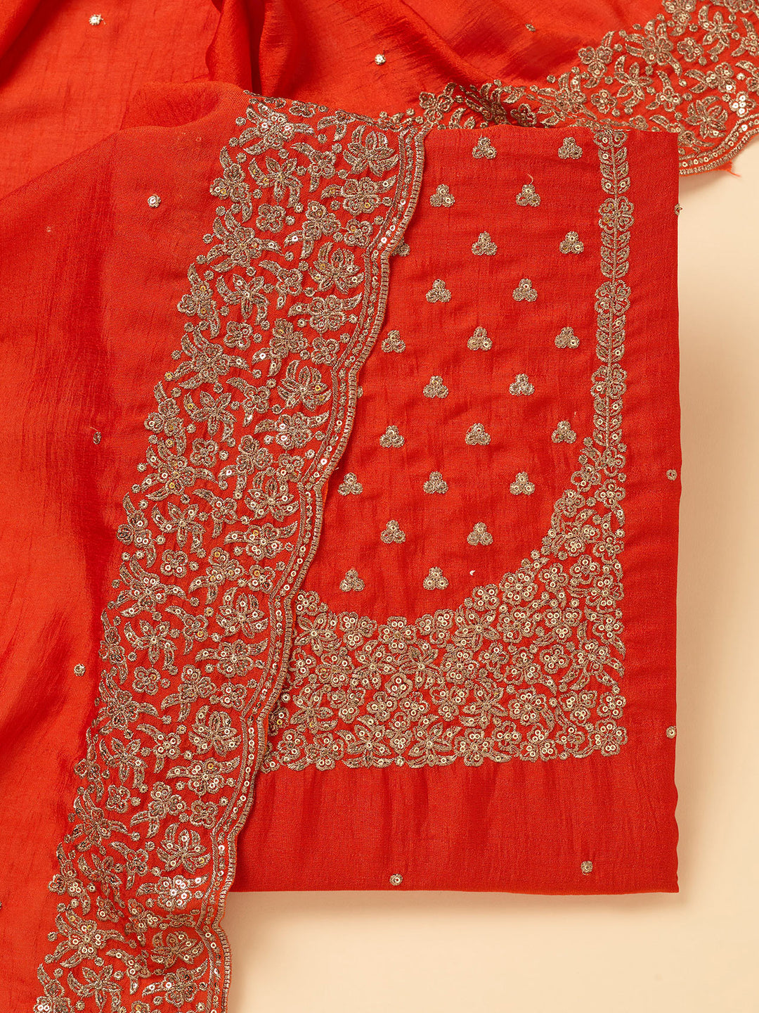 Orange Dola Silk Sequins Unstitched Dress Material With Matching Bottom And Dupatta