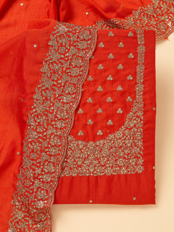 Orange Dola Silk Sequins Unstitched Dress Material With Matching Bottom And Dupatta
