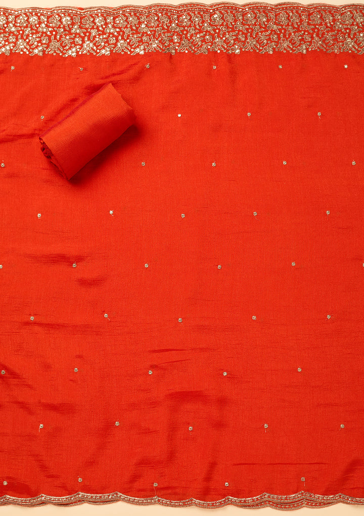 Orange Dola Silk Sequins Unstitched Dress Material With Matching Bottom And Dupatta