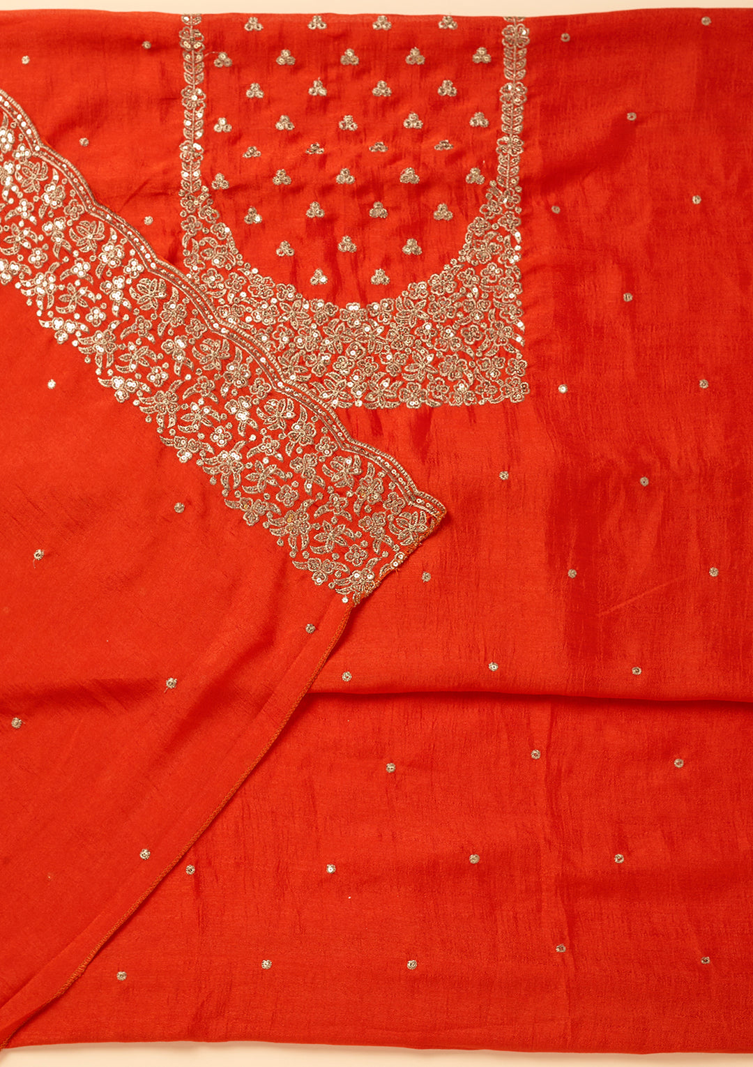 Orange Dola Silk Sequins Unstitched Dress Material With Matching Bottom And Dupatta