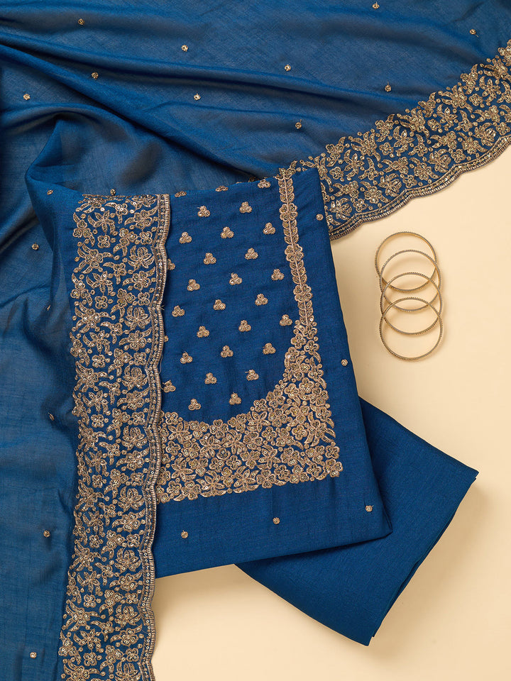 Peacock Blue Dola Silk Sequins Unstitched Dress Material With Matching Bottom And Dupatta
