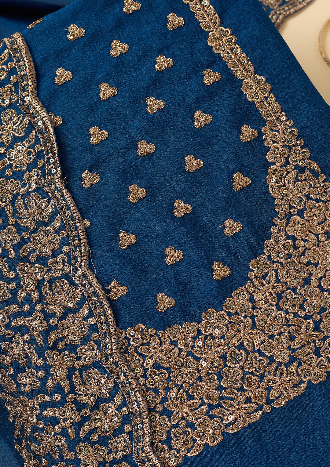 Peacock Blue Dola Silk Sequins Unstitched Dress Material With Matching Bottom And Dupatta