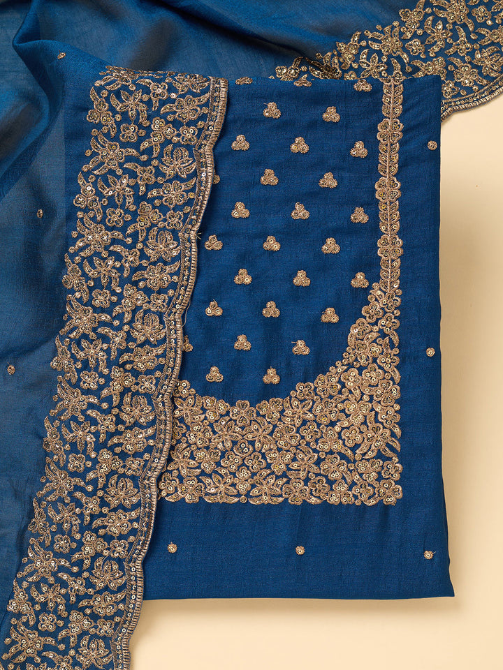 Peacock Blue Dola Silk Sequins Unstitched Dress Material With Matching Bottom And Dupatta