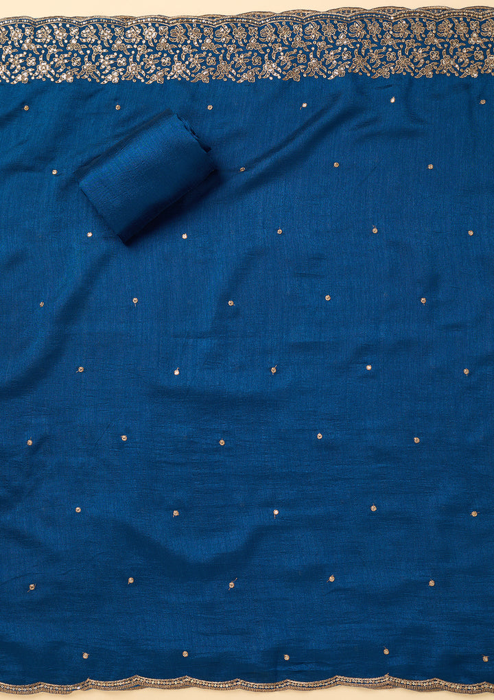 Peacock Blue Dola Silk Sequins Unstitched Dress Material With Matching Bottom And Dupatta