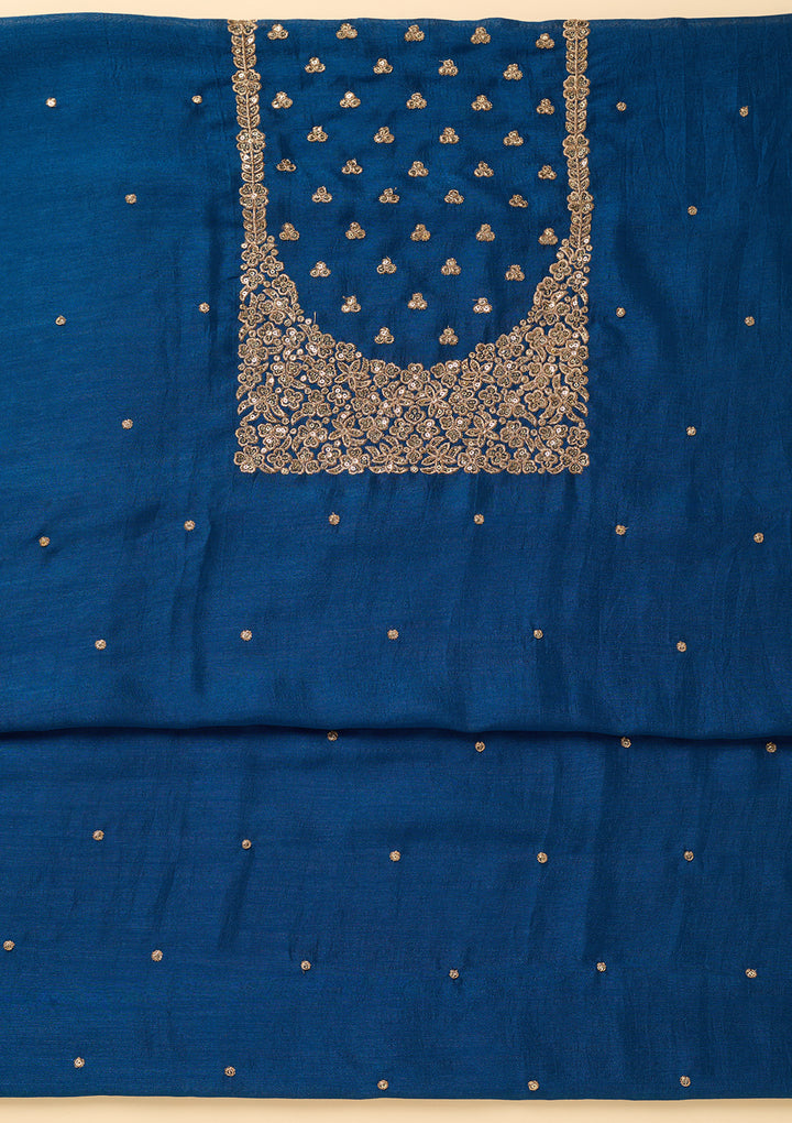 Peacock Blue Dola Silk Sequins Unstitched Dress Material With Matching Bottom And Dupatta