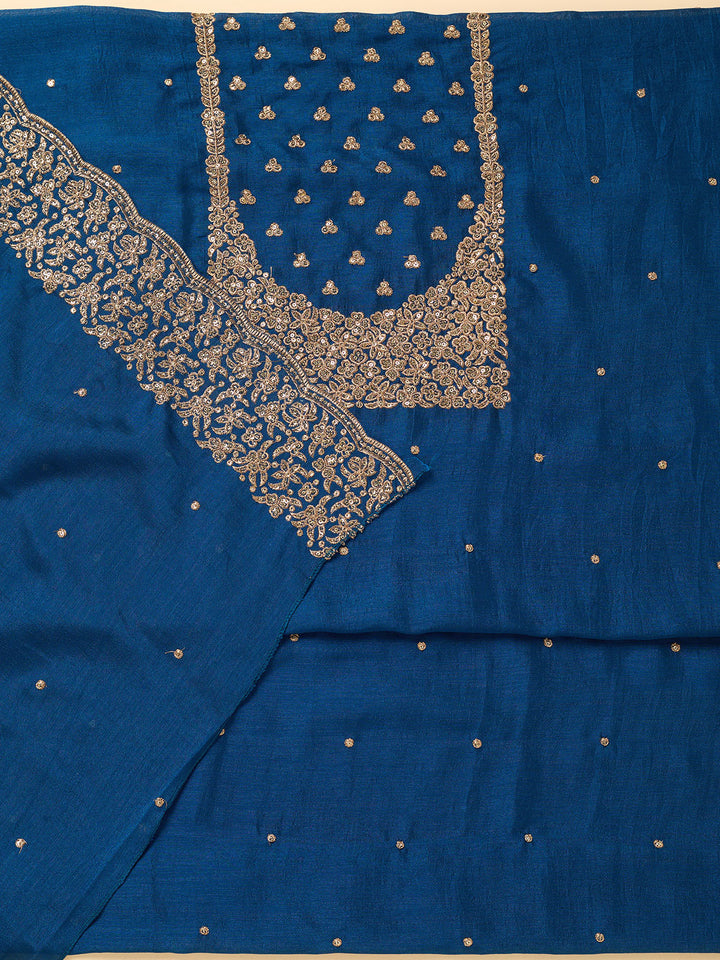 Peacock Blue Dola Silk Sequins Unstitched Dress Material With Matching Bottom And Dupatta