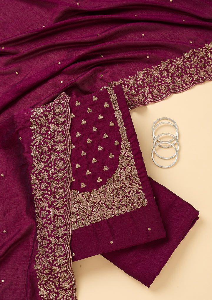 Wine Dola Silk Sequins Unstitched Dress Material With Matching Bottom And Dupatta