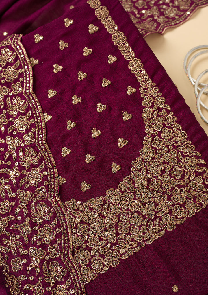Wine Dola Silk Sequins Unstitched Dress Material With Matching Bottom And Dupatta