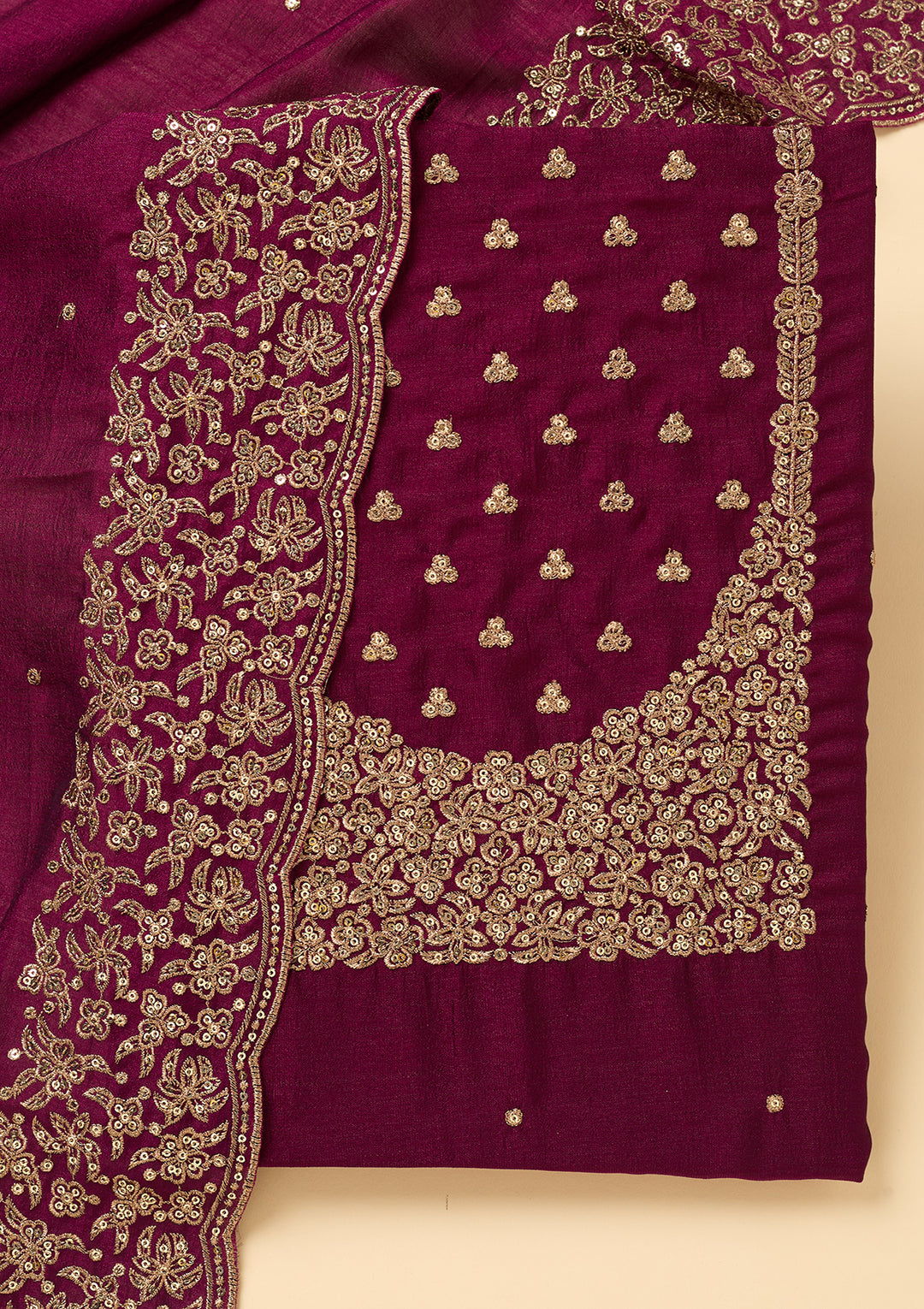 Wine Dola Silk Sequins Unstitched Dress Material With Matching Bottom And Dupatta