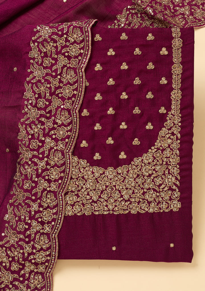 Wine Dola Silk Sequins Unstitched Dress Material With Matching Bottom And Dupatta