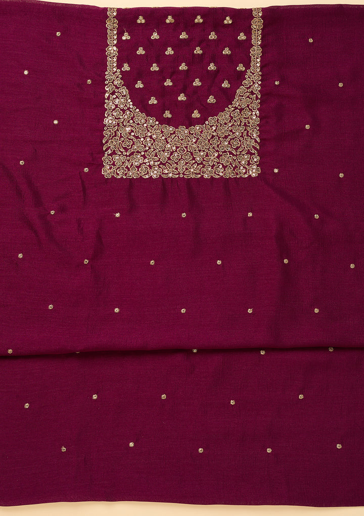 Wine Dola Silk Sequins Unstitched Dress Material With Matching Bottom And Dupatta