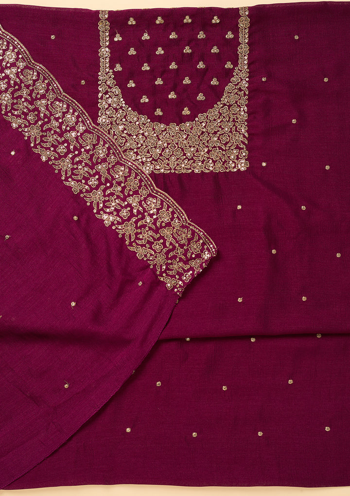Wine Dola Silk Sequins Unstitched Dress Material With Matching Bottom And Dupatta