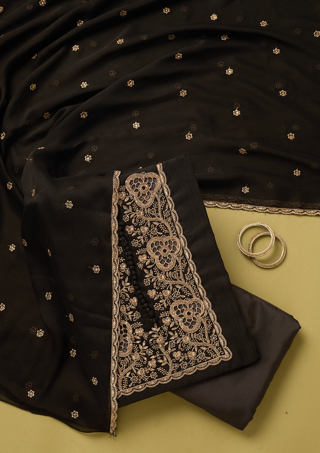 Black Crepe Gold Zariwork Unstitched Dress Material With Matching Bottom And Dupatta