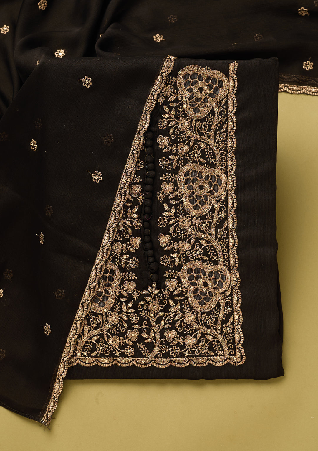 Black Crepe Gold Zariwork Unstitched Dress Material With Matching Bottom And Dupatta
