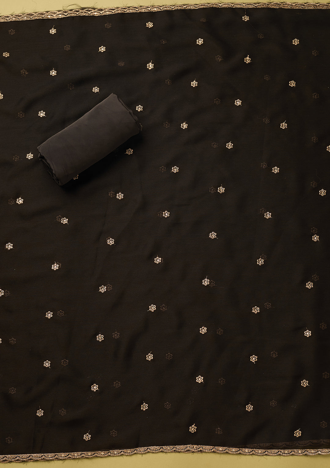 Black Crepe Gold Zariwork Unstitched Dress Material With Matching Bottom And Dupatta