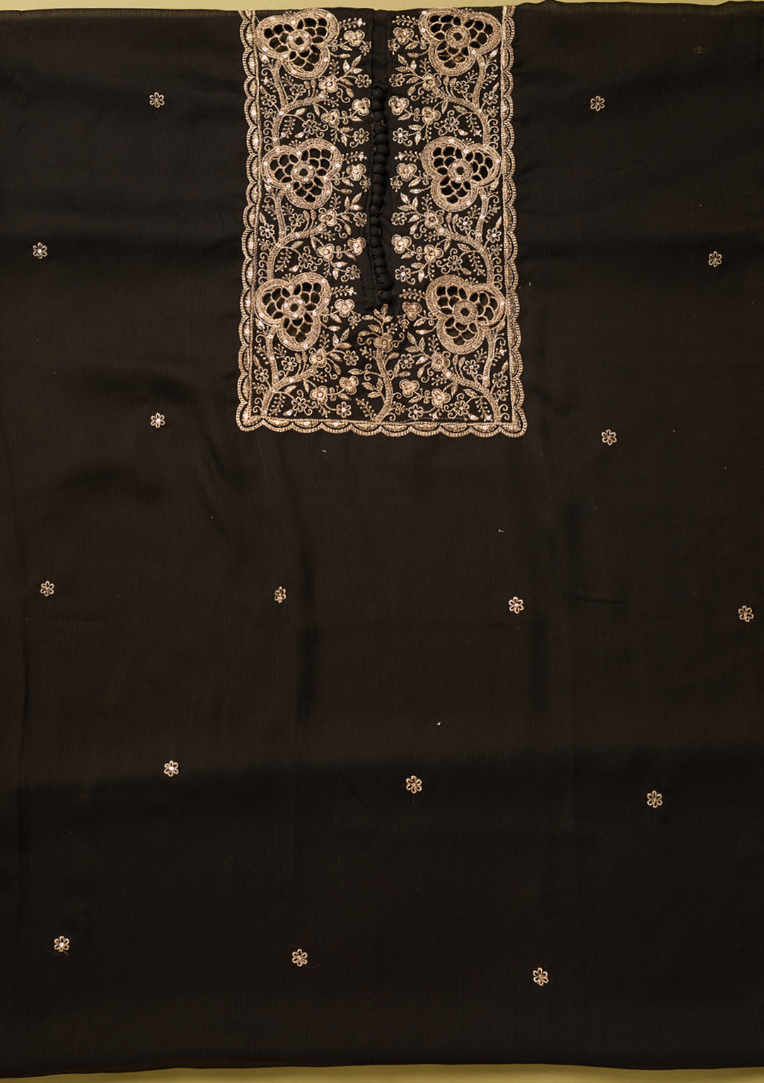Black Crepe Gold Zariwork Unstitched Dress Material With Matching Bottom And Dupatta