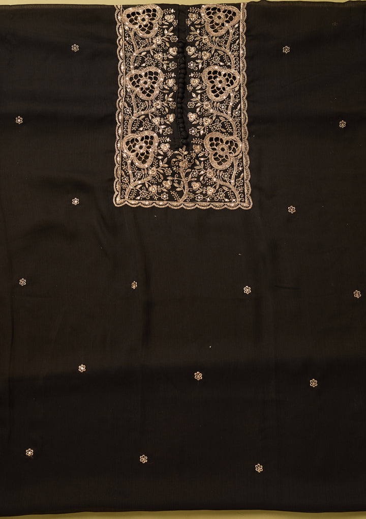 Black Crepe Gold Zariwork Unstitched Dress Material With Matching Bottom And Dupatta