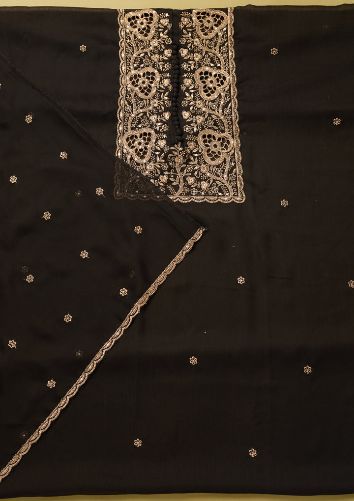 Black Crepe Gold Zariwork Unstitched Dress Material With Matching Bottom And Dupatta